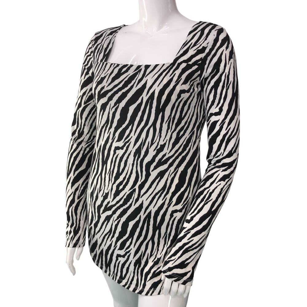 LEL Long Elegant Legs Womens Sz M Zebra Print Tunic Top Stretch Square Neck VTG